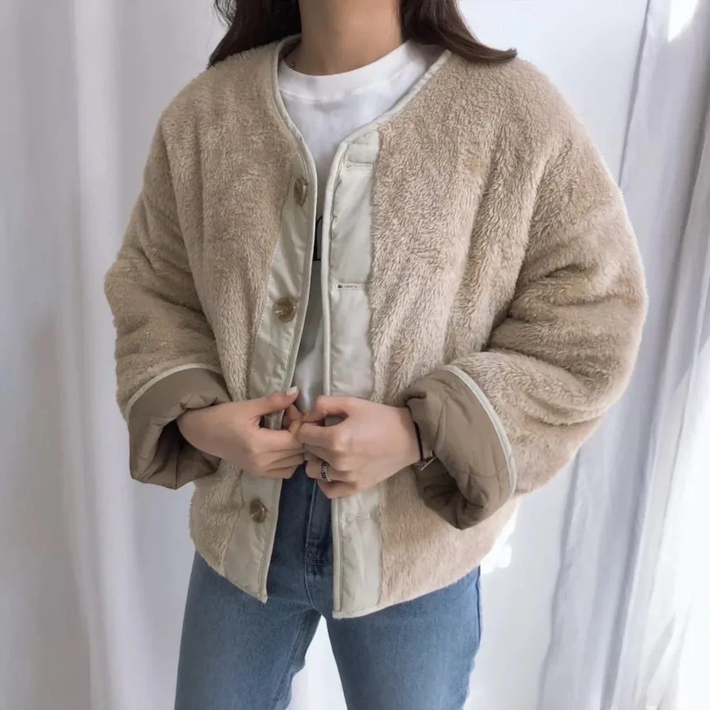 Coat jacket reversible cozy khaki beige tan pocket quilted puffer pocket women - Picture 11 of 15